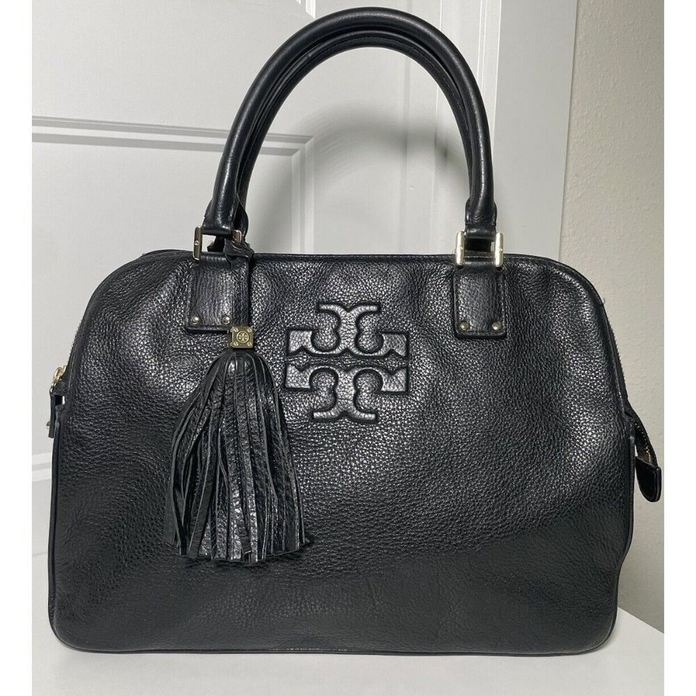 Tory Burch Thea Triple Zip Satchel Black Pebbled Leather Shoulder Bag Tassel